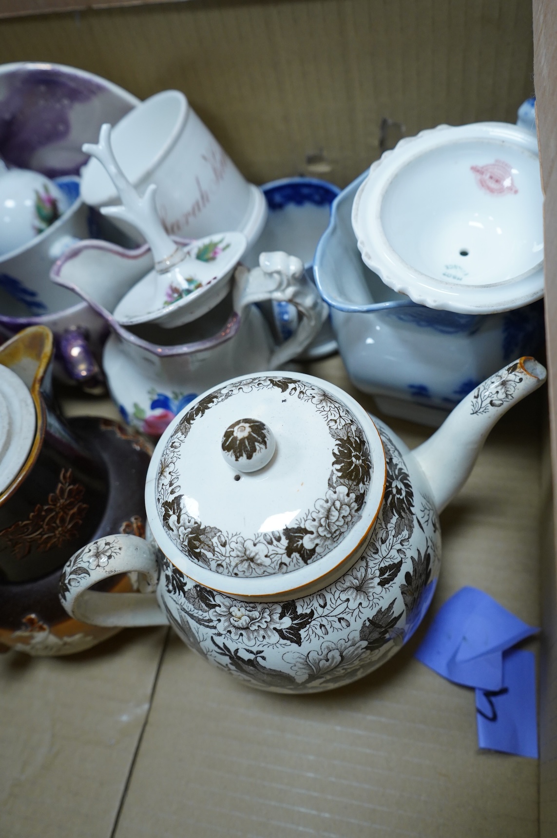 A large collection of various ceramics to include a Ridgways Homemaker plate, Japanese tea set and stoneware jugs